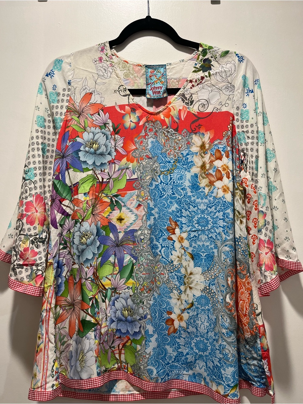 Johnny Was Multicolor Floral Patchwork V-Neck Tunic